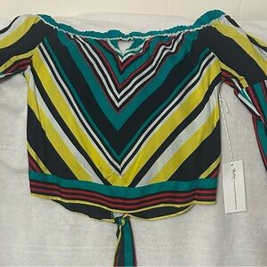 Truth NYC Top, Off Shoulder, Striped‎ Blouse, Long Sleeve, Tie Waist - Size S